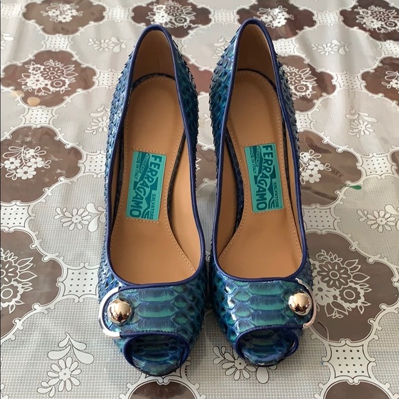 Salvatore Ferragamo Shoes - Salvatore Ferragamo Python Skin Electric Blue Heel